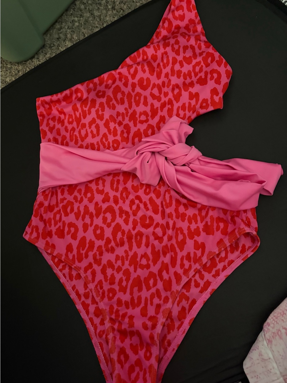 Pink Lily One-Shoulder Leopard Print One-Piece with Pink Waist Tie
